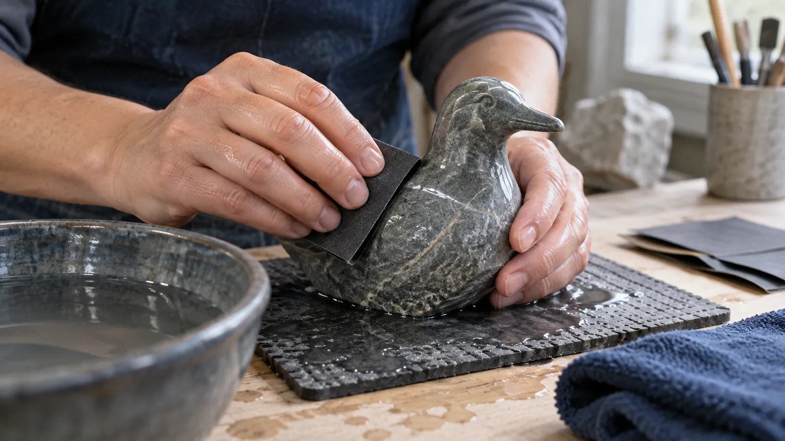 Wet hand-finishing on a dark stone-like sample with slurry visible.
