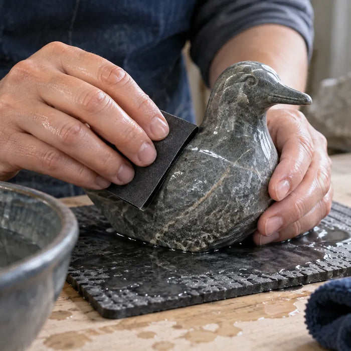 Wet hand-finishing on a dark stone-like sample with slurry visible.