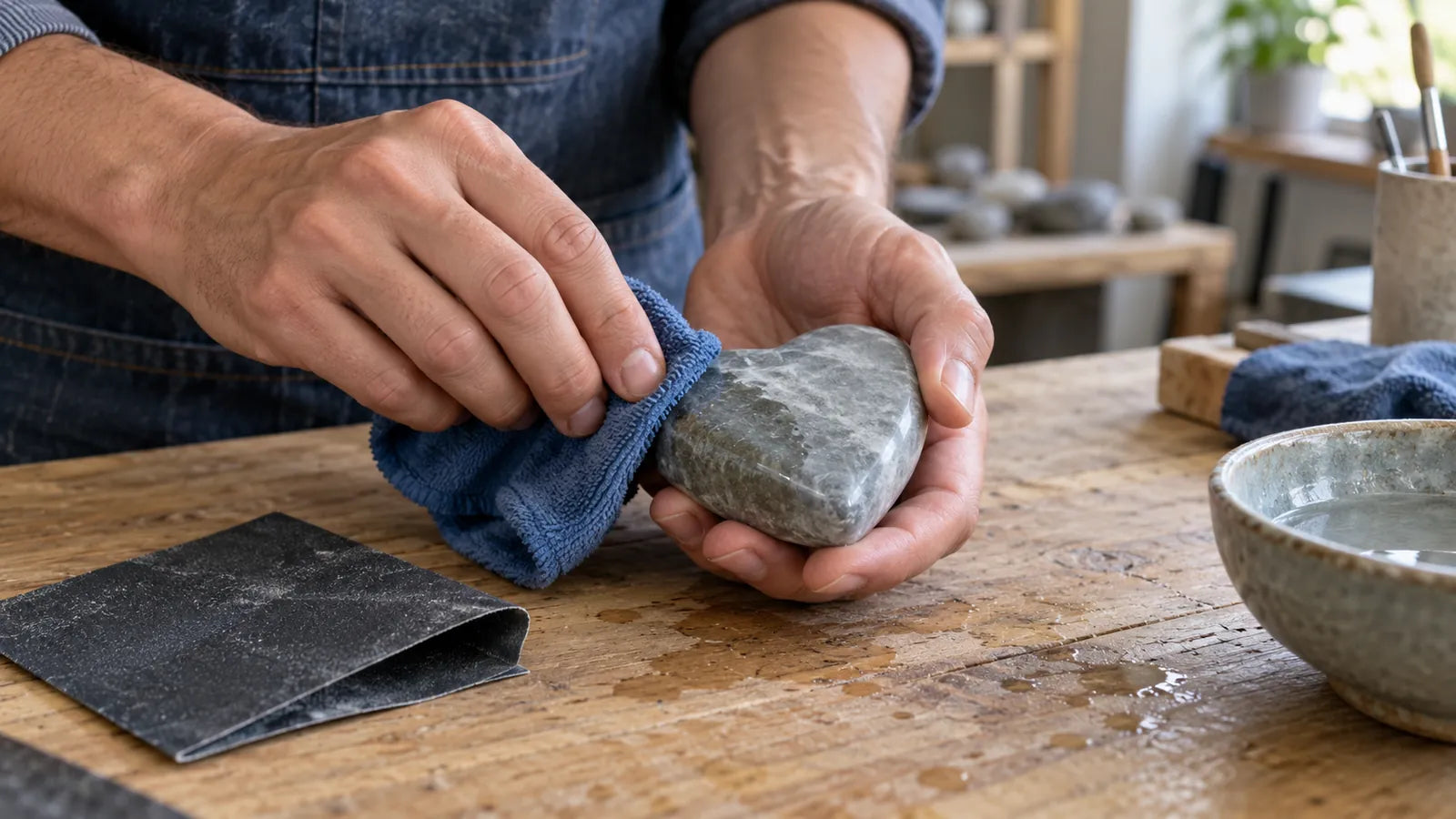 Illustration of hands wiping a small veined stone object with a blue cloth.