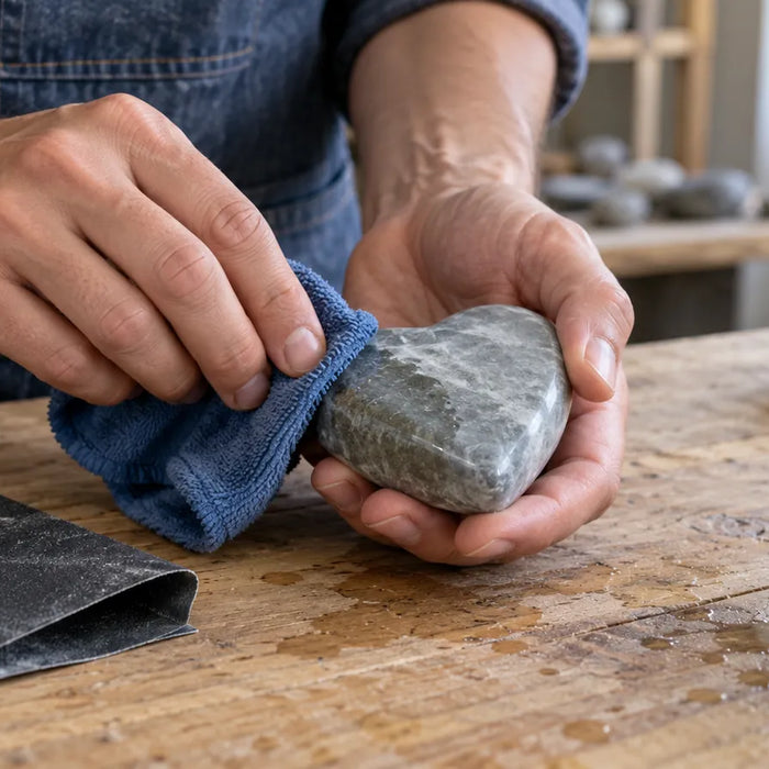 Gloved hands cleaning a wet polished stone-like surface before inspection.