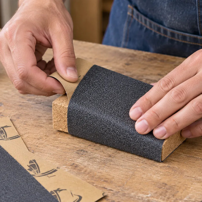 Illustration of hands wrapping abrasive paper around a cork block beside spare sheets and a metal ruler.