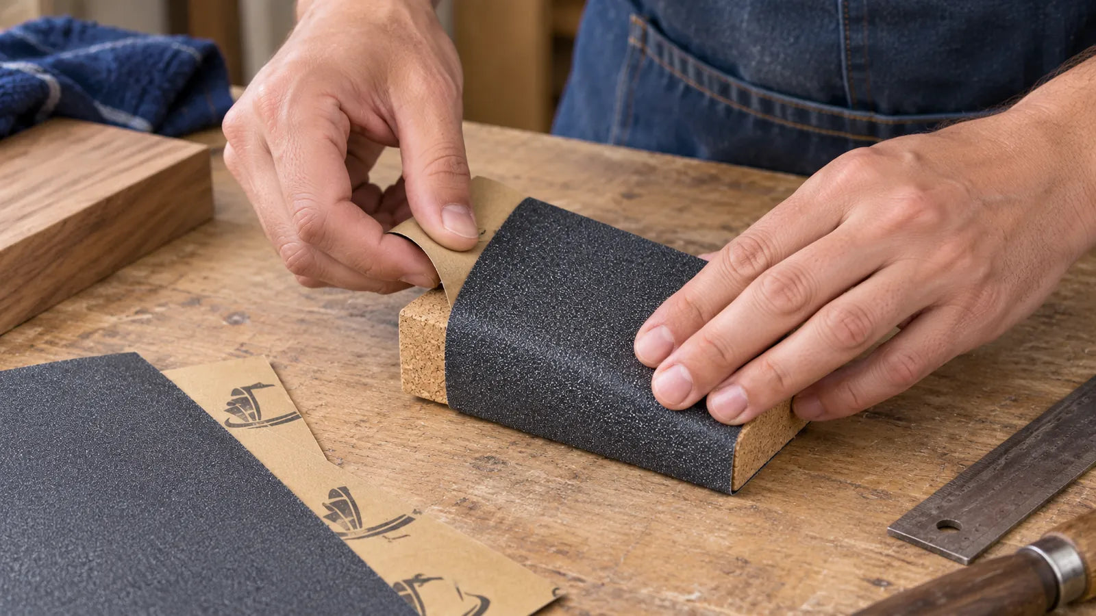 Hands wrap a dark abrasive sheet around a rectangular cork block on a workbench.