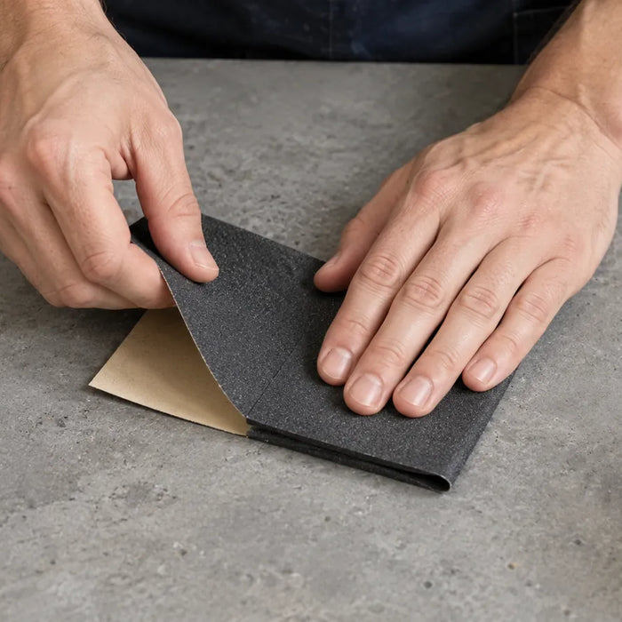 Hands folding a dark abrasive sheet on a workbench.