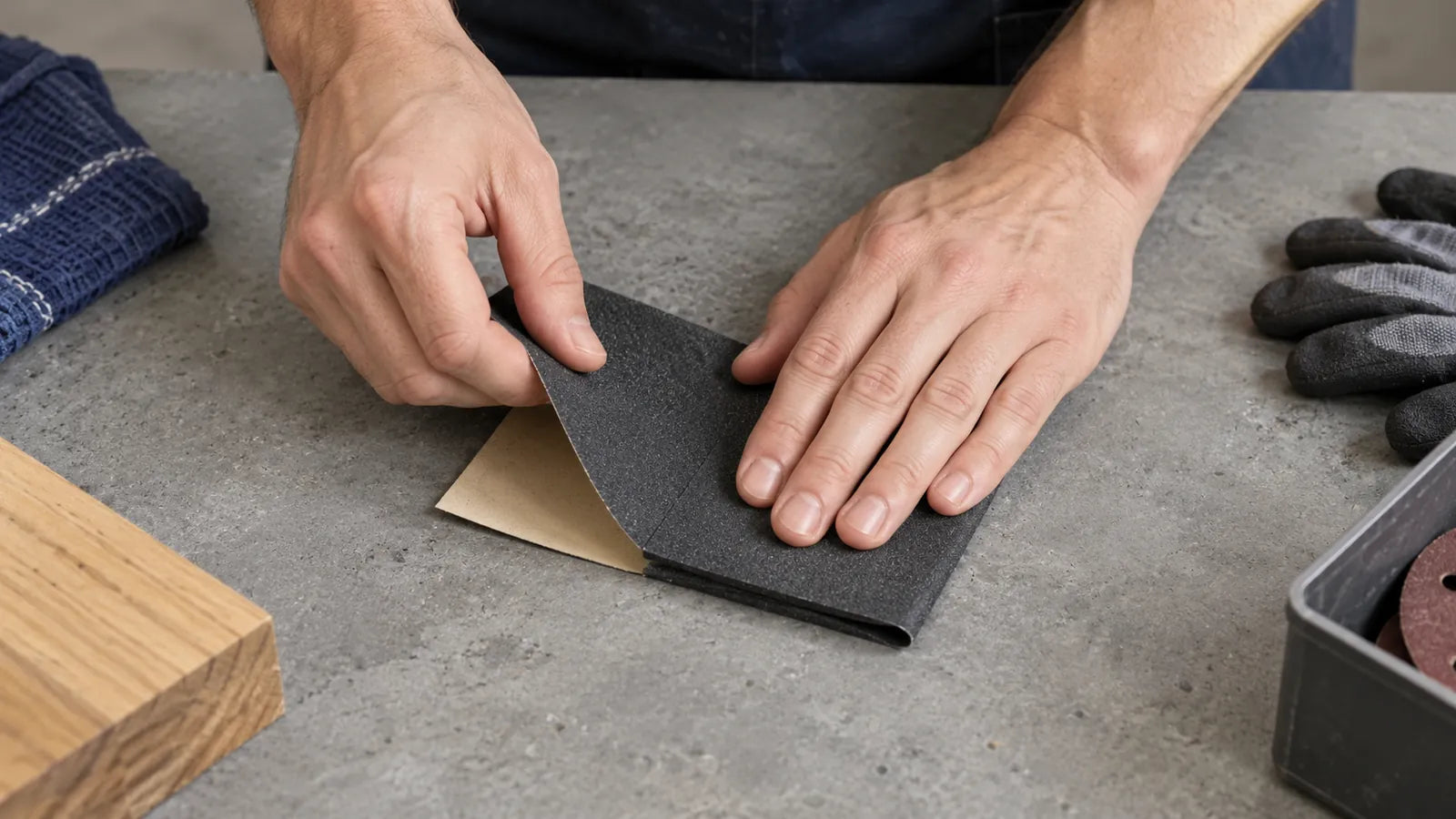 Hands fold a flexible dark abrasive sheet on a gray workbench, exposing the tan backing.