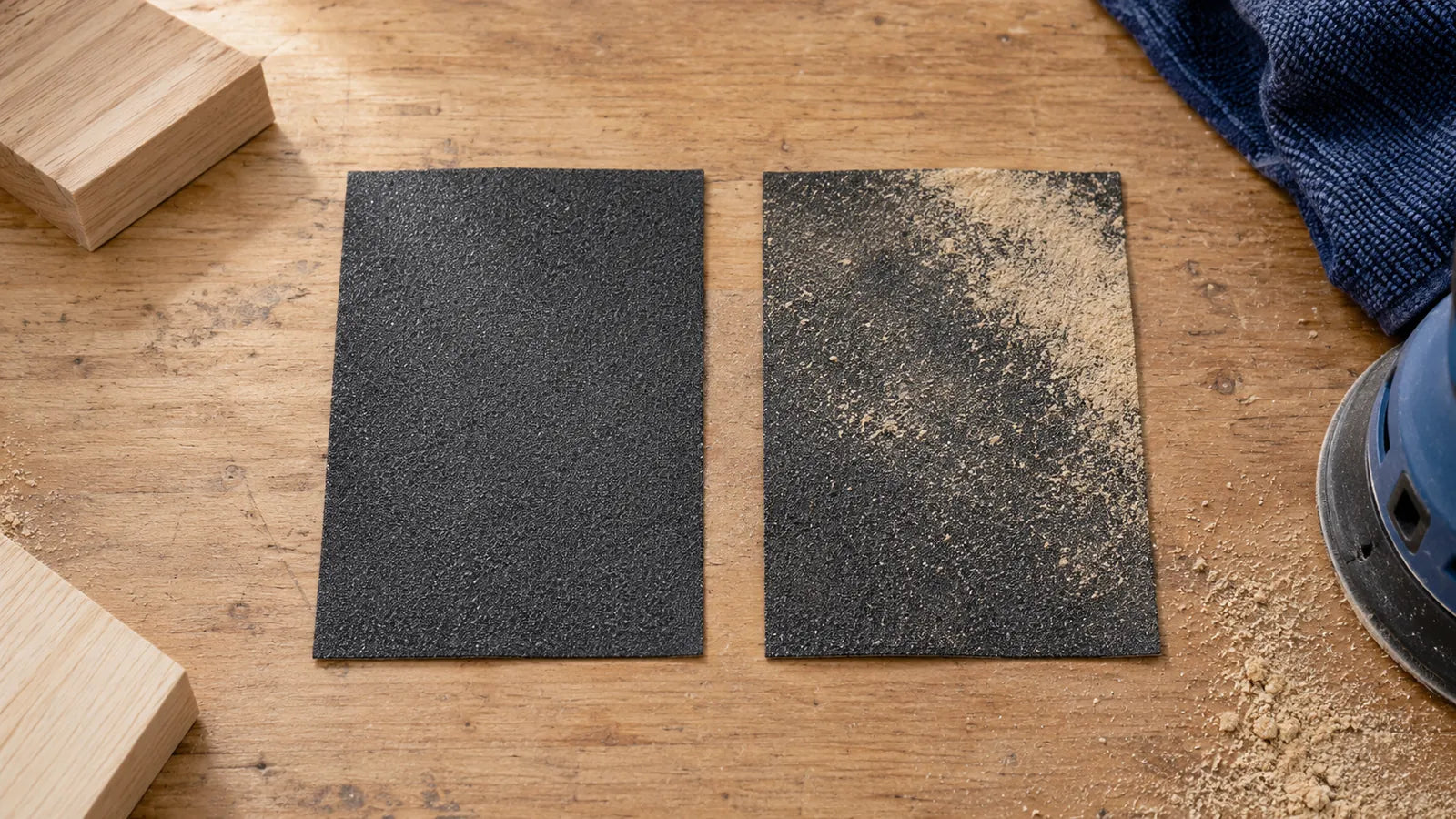 Illustration comparing clean abrasive with loose tan debris on abrasive; resin loading is not established.