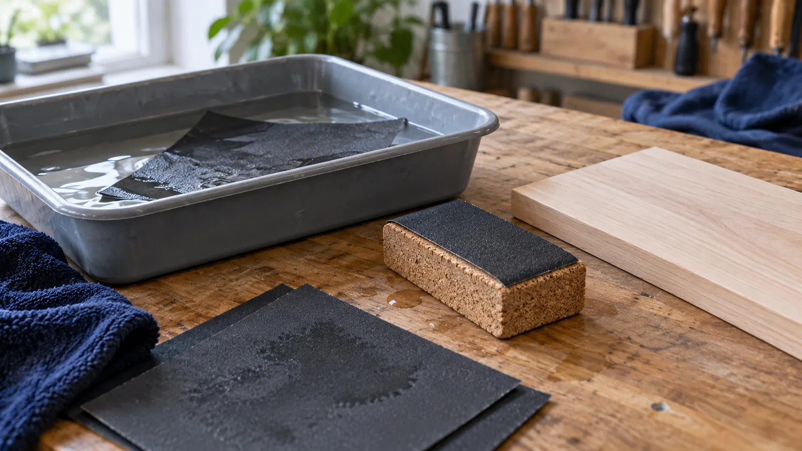 Abrasive sheets, water tray, and hand block prepared for wet sanding.