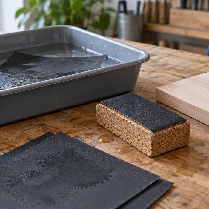 Abrasive sheets, water tray, and hand block prepared for wet sanding.