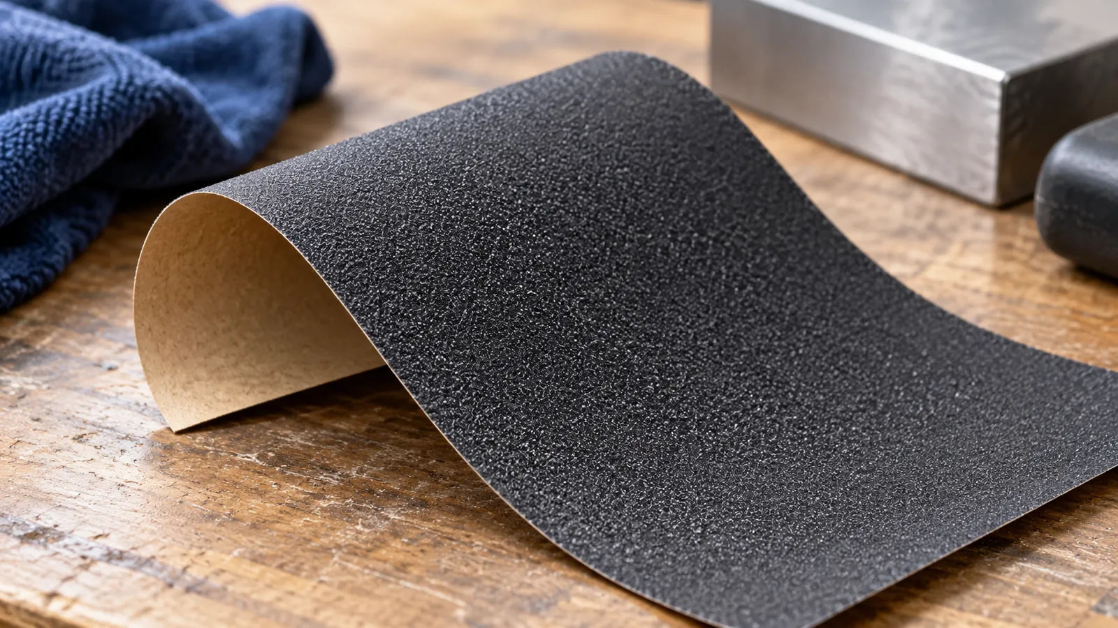 Curled abrasive sheet showing dark working face and tan paper backing.