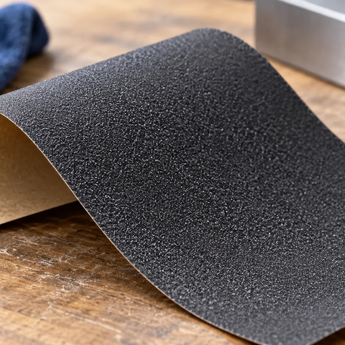Illustration showing the dark abrasive face and tan backing of a curved sheet.