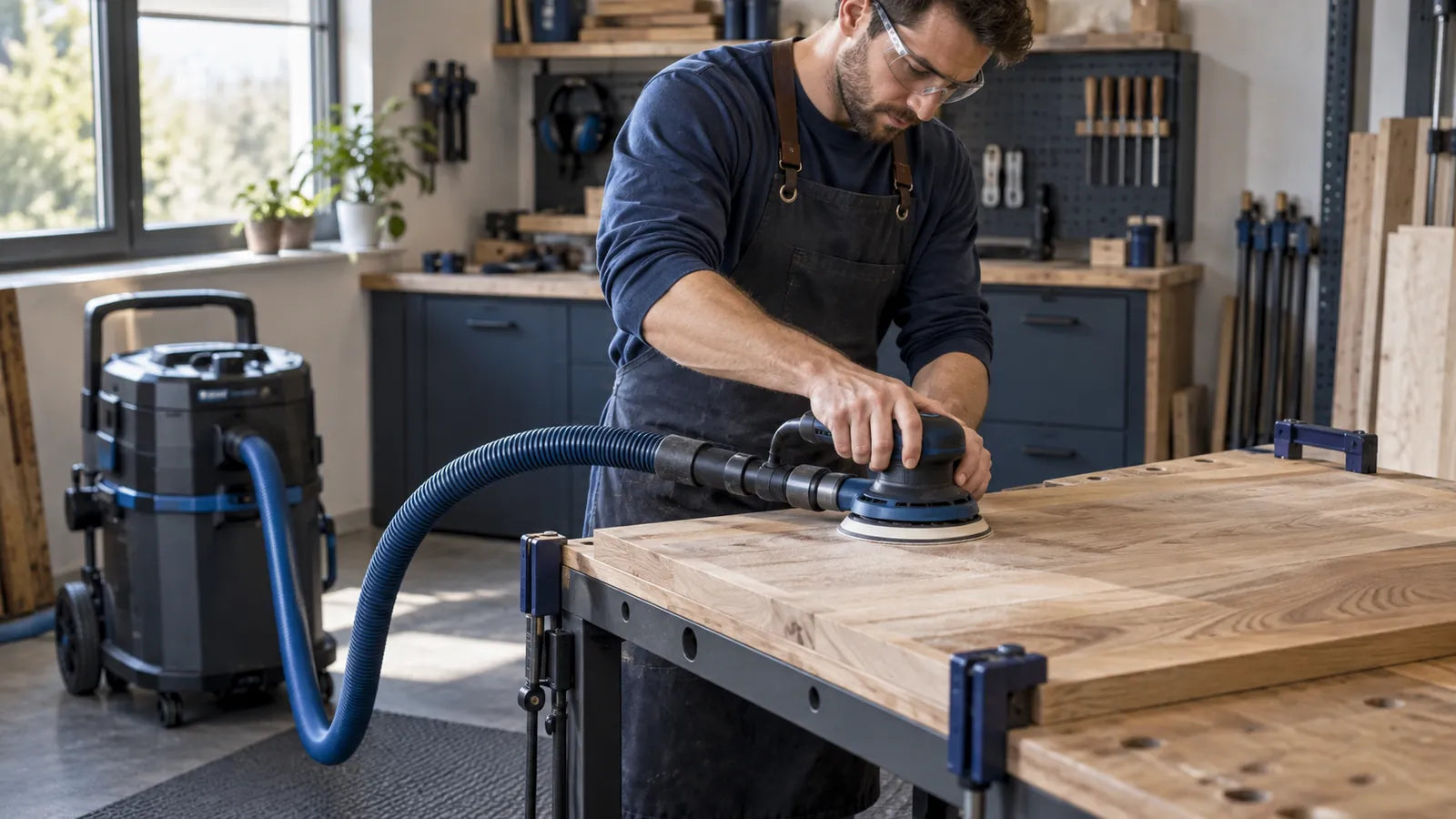 Illustration of an orbital sander connected to extraction on a wooden panel.