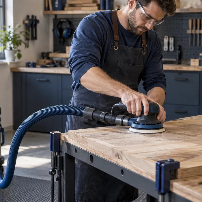 Illustration of an orbital sander connected to extraction on a wooden panel.