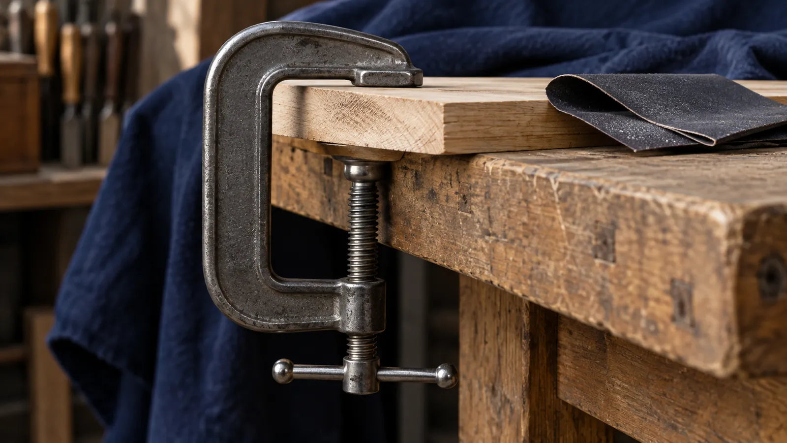 A G-clamp grips the projecting edge of a wooden board beside folded abrasive paper.