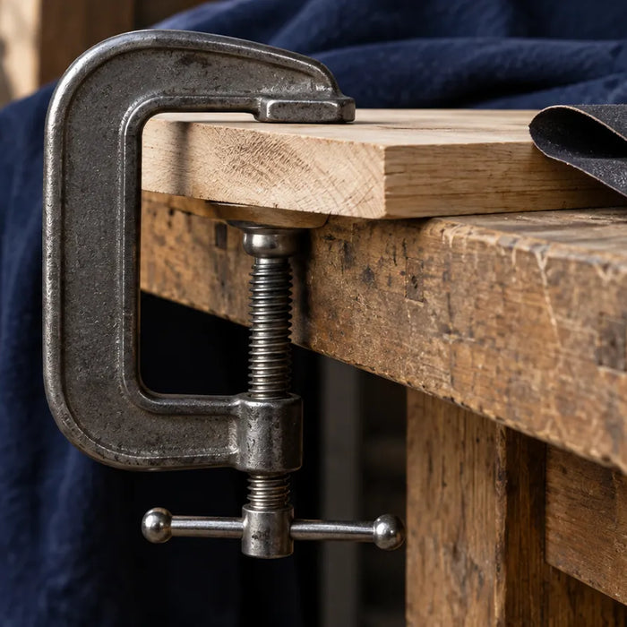 Illustration of a G-clamp gripping a board; the clamp does not anchor the board to the bench.