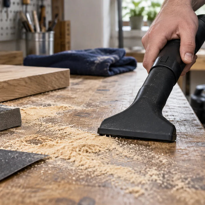 A vacuum nozzle removing sanding dust from a wooden workbench.