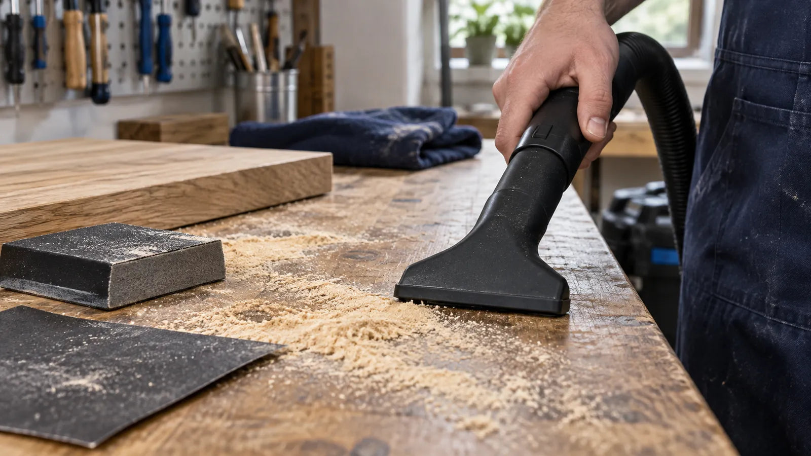 A vacuum nozzle collecting wood dust beside an abrasive sheet and sanding block.